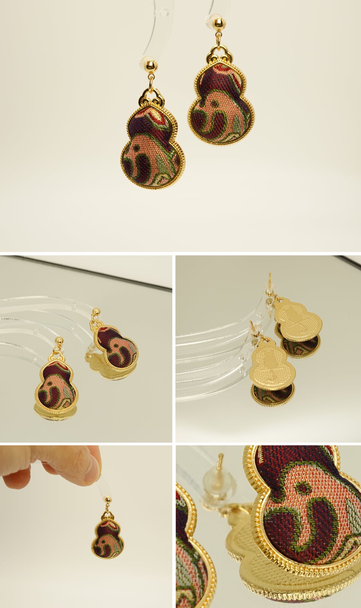 Gourd-shaped silk earrings product collage