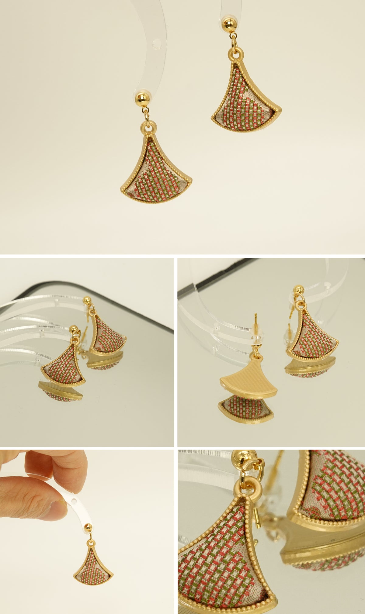 Pink fan-shaped silk Hourglass Drop Earrings product collage