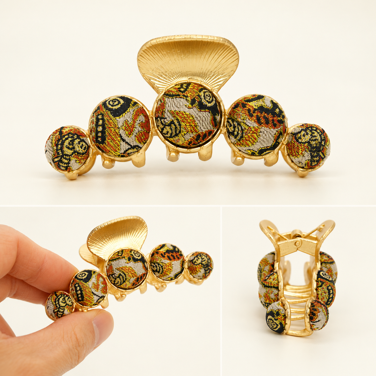 Black and gold tapestry hair claw clip — multi-angle collage