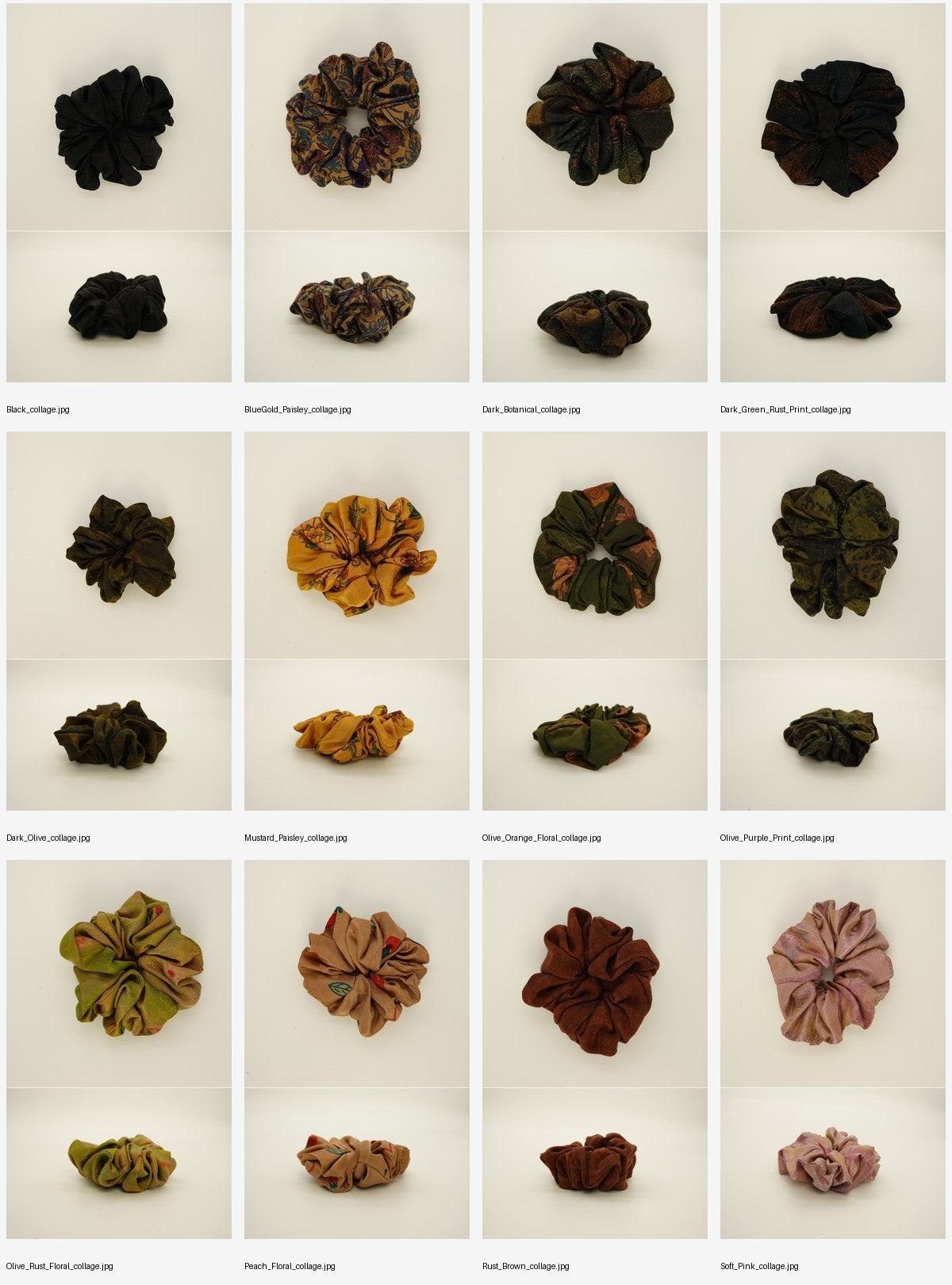 Overview collage of silk scrunchies in all available colors