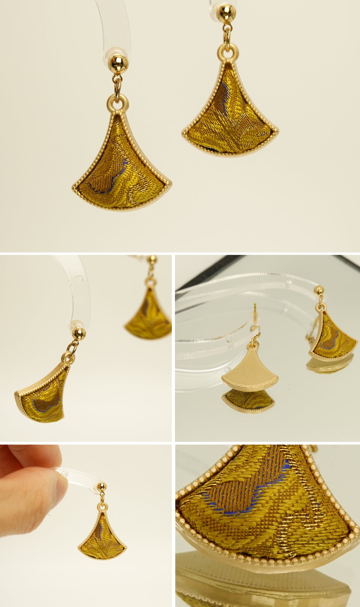 Gold fan-shaped silk Hourglass Drop Earrings product collage