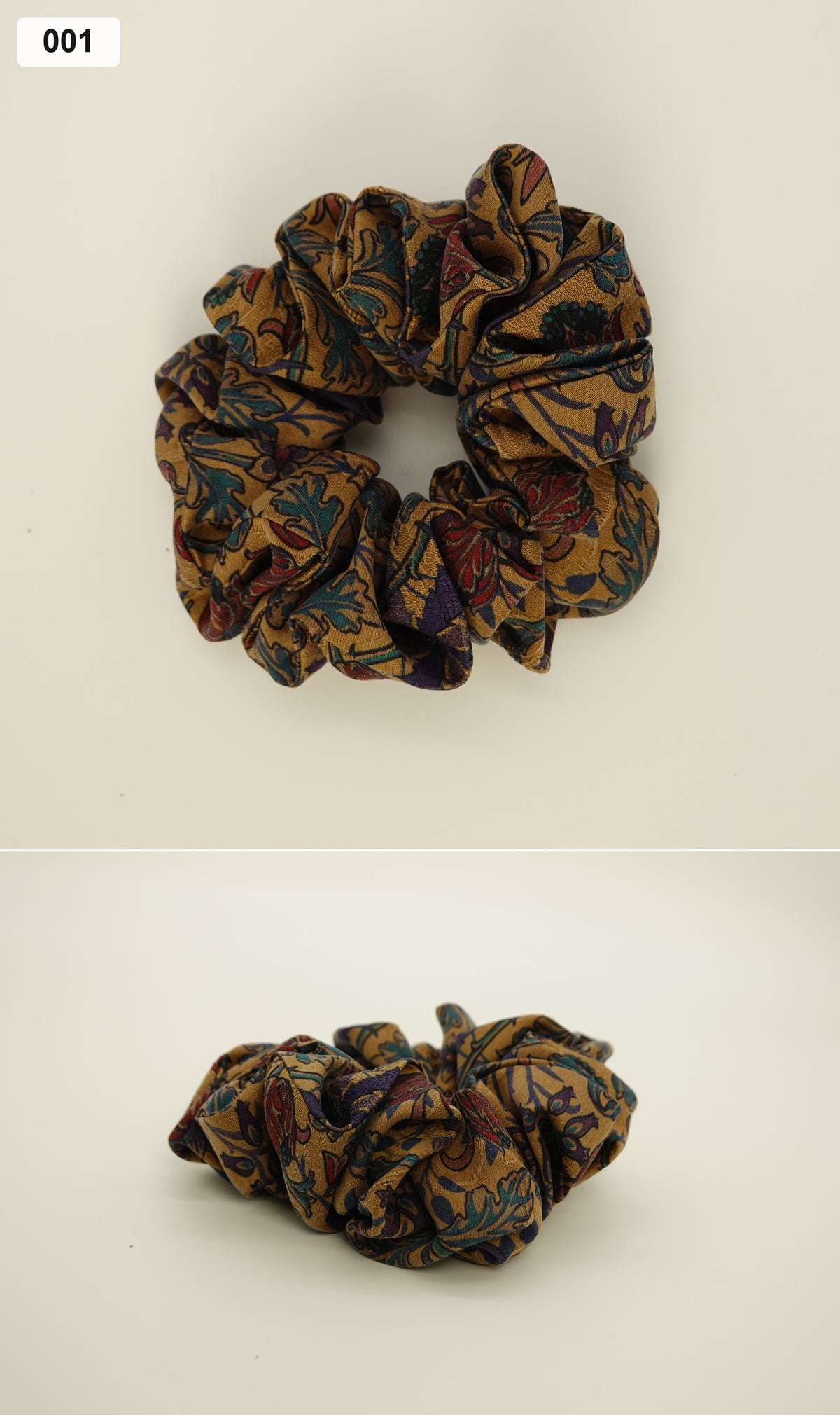 Blue and gold paisley silk scrunchie collage, 001