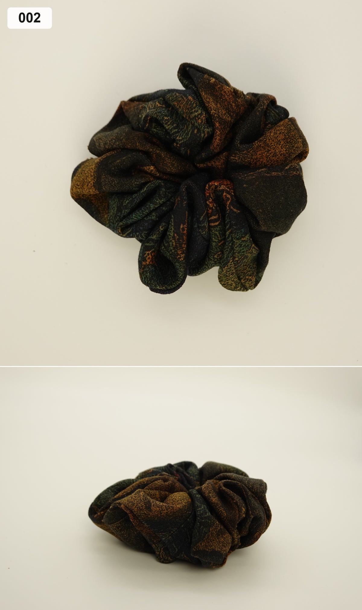 Dark botanical silk scrunchie collage, 002