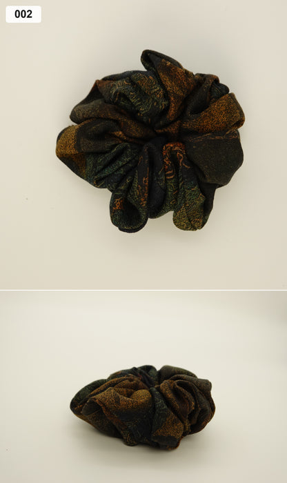 Dark botanical silk scrunchie collage, 002