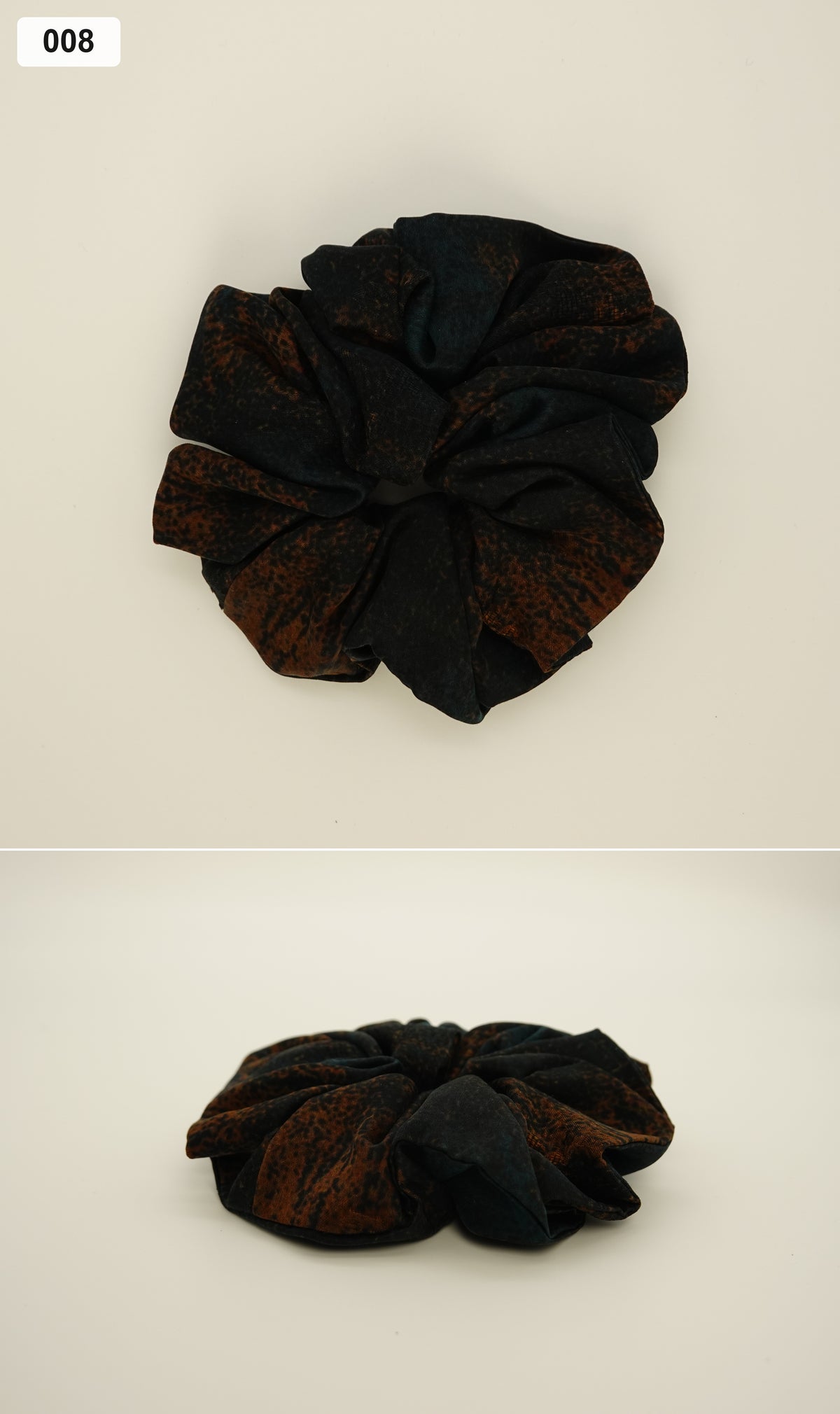 Dark green and rust patterned silk scrunchie collage, 008