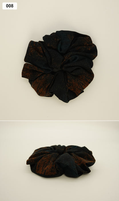 Dark green and rust patterned silk scrunchie collage, 008