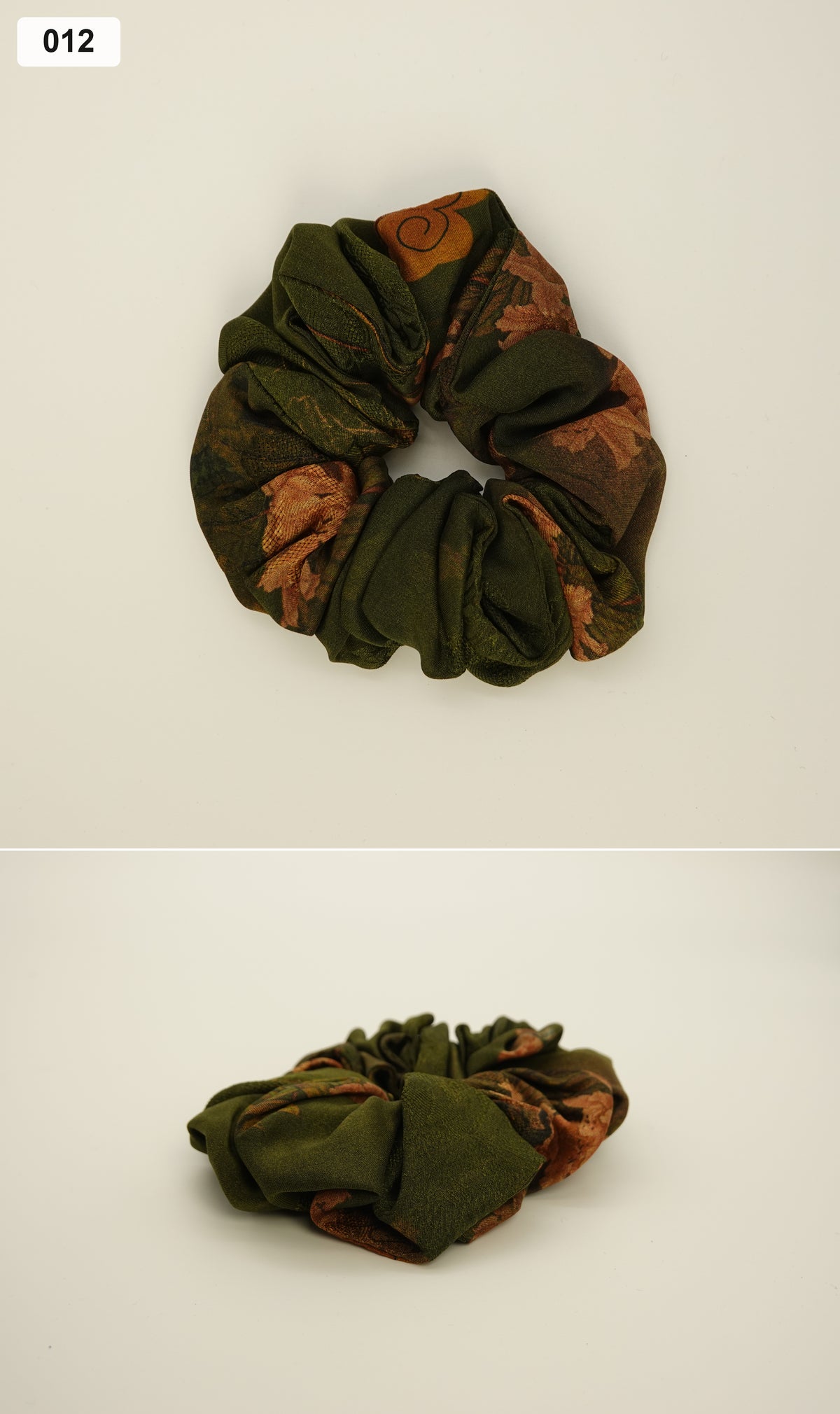 Olive and orange floral silk scrunchie collage, 012