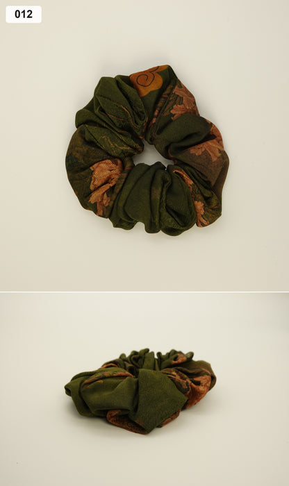 Olive and orange floral silk scrunchie collage, 012