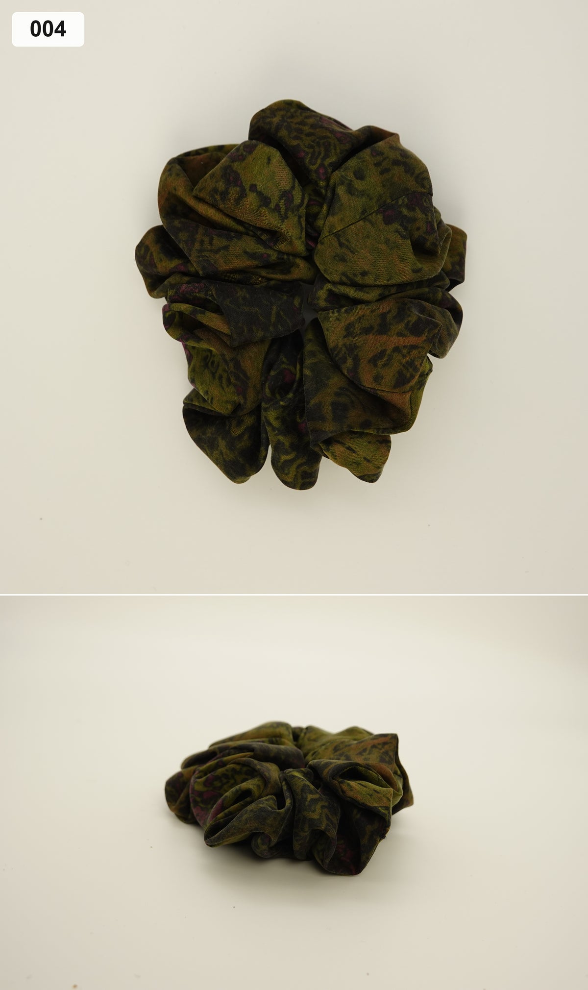 Olive and purple patterned silk scrunchie collage, 004