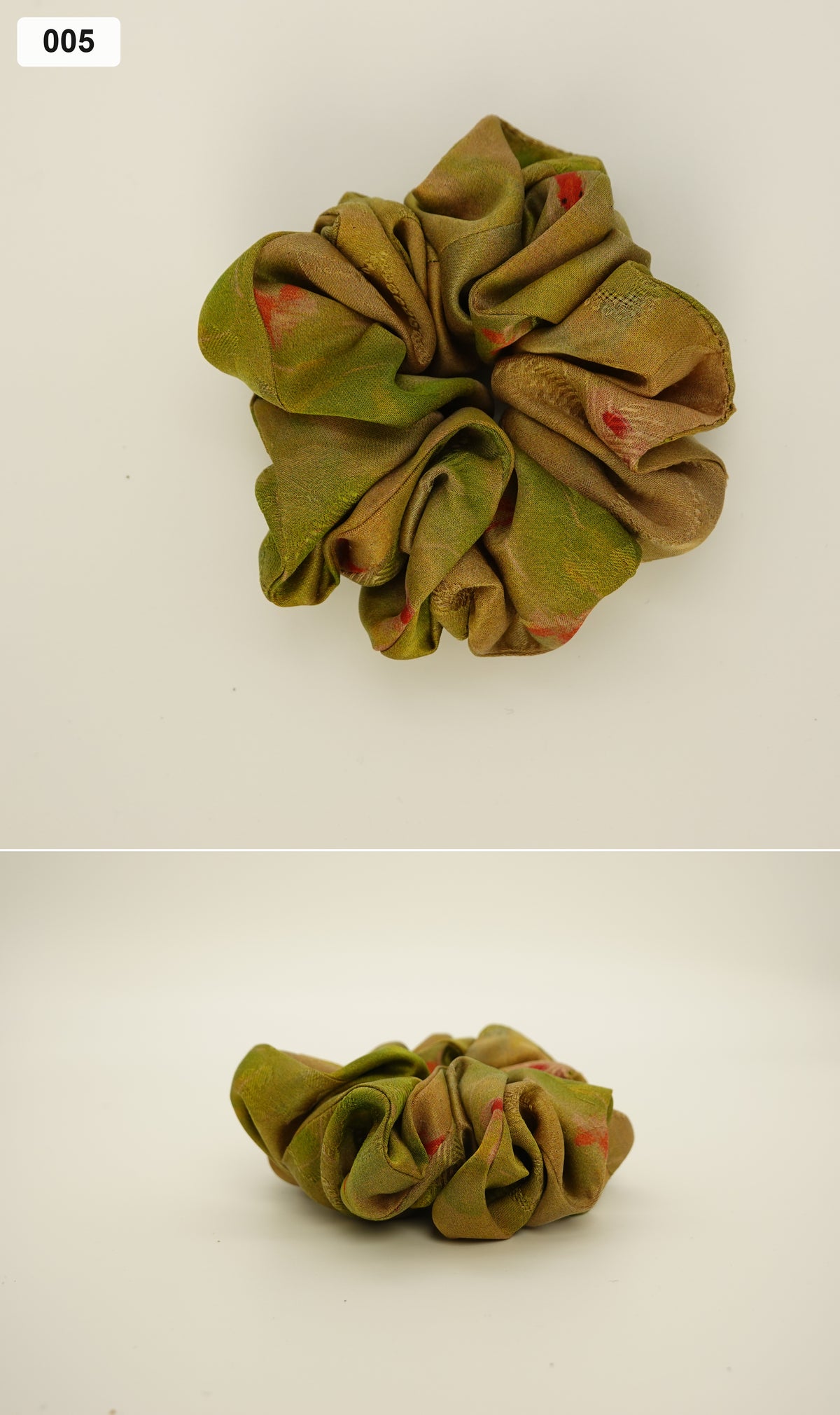 Olive and rust floral silk scrunchie collage, 005