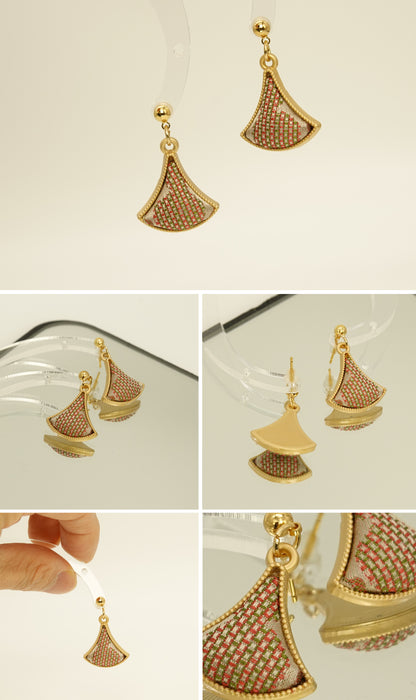 Pink fan-shaped silk Hourglass Drop Earrings product collage