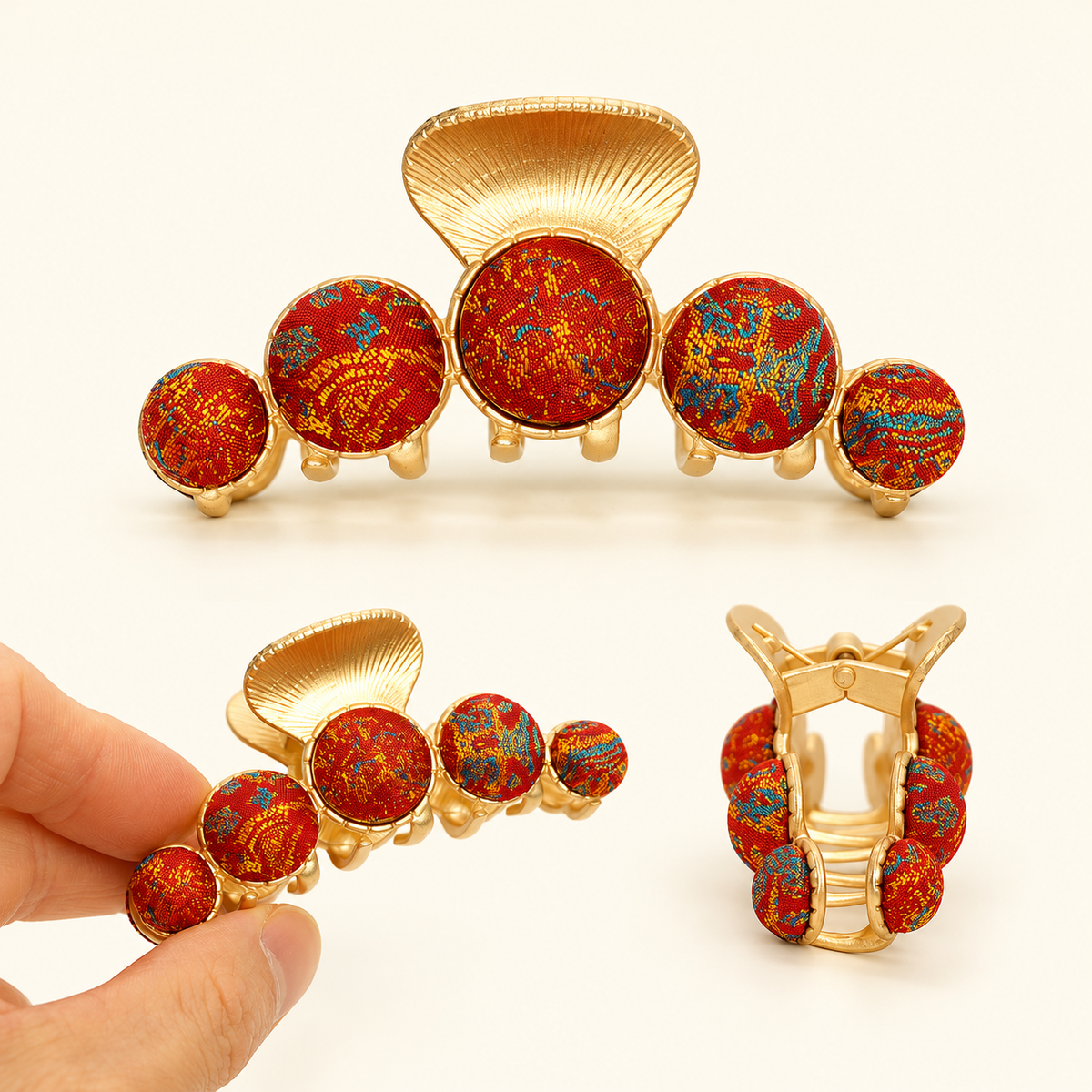 Red silk brocade hair claw clip — multi-angle collage