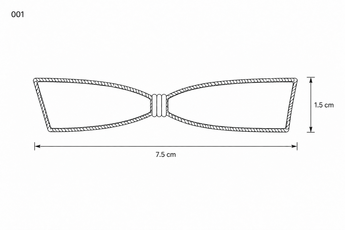 Silk Bow Hair Clip 001 line drawing, 7.5 x 1.5 cm