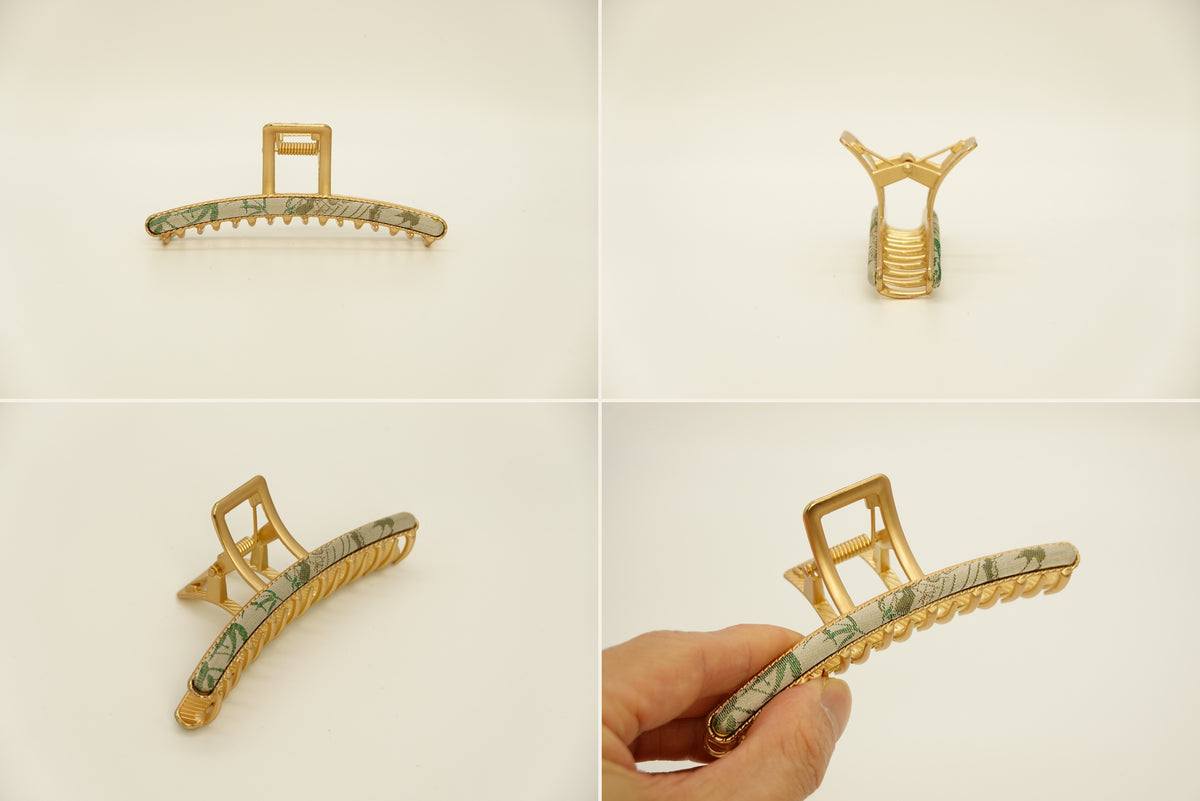 Handcrafted silk claw clip in Green - four product views