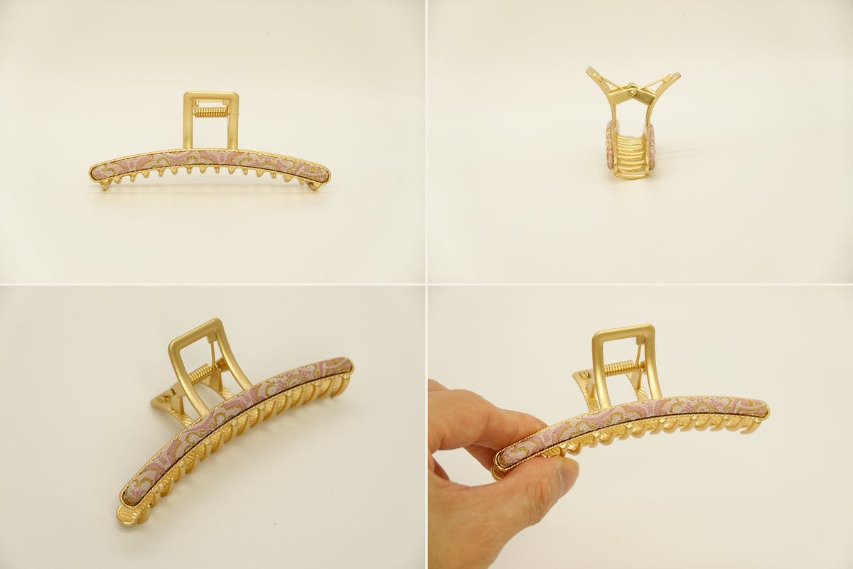 Handcrafted silk claw clip in Pink - four product views