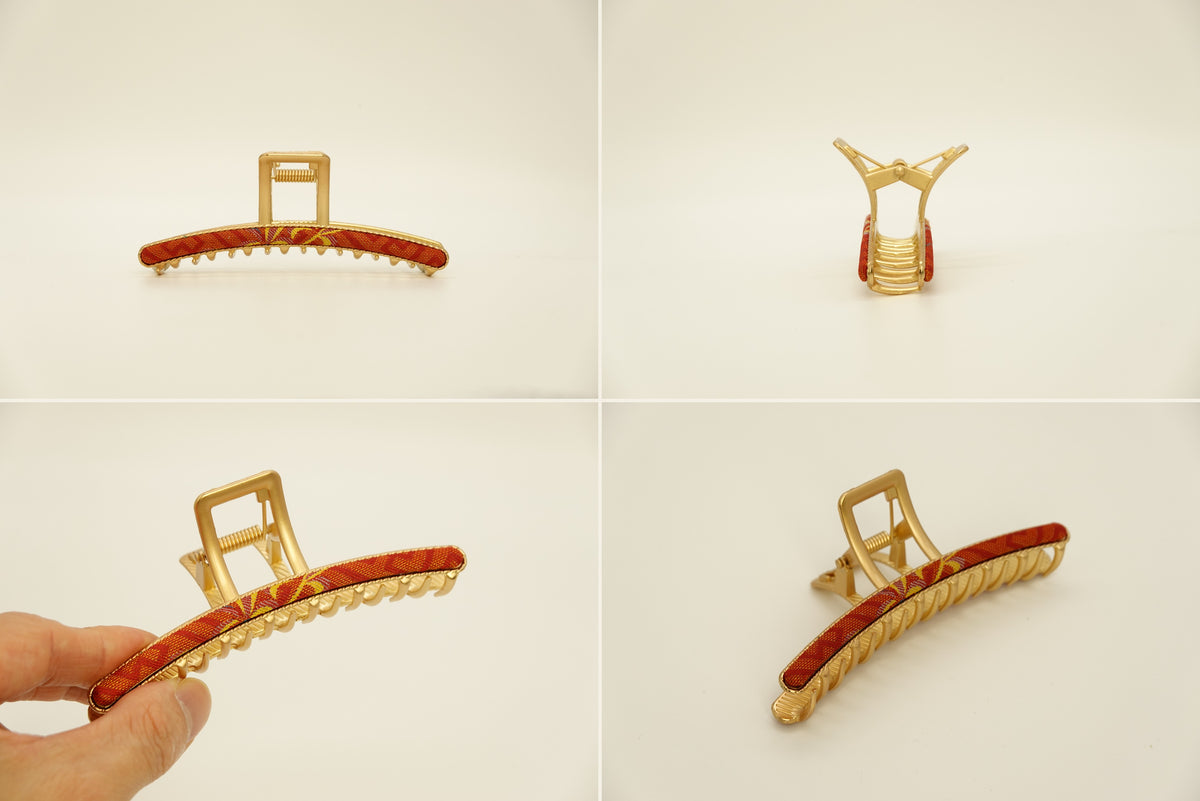 Handcrafted silk claw clip in Red - four product views